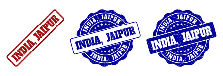 INDIA, JAIPUR scratched stamp seals in red and blue colors. Vector INDIA, JAIPUR labels with dirty texture. Graphic elements are rounded rectangles, rosettes, circles and text labels.のイラスト素材