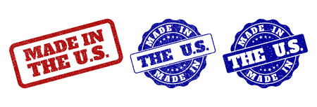 MADE IN THE U.S. grunge stamp seals in red and blue colors. Vector MADE IN THE U.S. imprints with grunge surface. Graphic elements are rounded rectangles, rosettes, circles and text labels.のイラスト素材