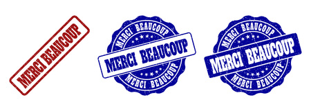 MERCI BEAUCOUP scratched stamp seals in red and blue colors. Vector MERCI BEAUCOUP labels with distress texture. Graphic elements are rounded rectangles, rosettes, circles and text labels.のイラスト素材
