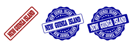 NEW GUINEA ISLAND grunge stamp seals in red and blue colors. Vector NEW GUINEA ISLAND labels with scratced texture. Graphic elements are rounded rectangles, rosettes, circles and text labels.のイラスト素材