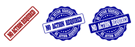 NO ACTION REQUIRED grunge stamp seals in red and blue colors. Vector NO ACTION REQUIRED labels with grunge style. Graphic elements are rounded rectangles, rosettes, circles and text labels.のイラスト素材