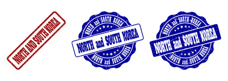 NORTH AND SOUTH KOREA grunge stamp seals in red and blue colors. Vector NORTH AND SOUTH KOREA labels with dirty texture. Graphic elements are rounded rectangles, rosettes, circles and text titles.のイラスト素材