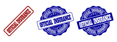 OFFICIAL INSURANCE grunge stamp seals in red and blue colors. Vector OFFICIAL INSURANCE overlays with grainy style. Graphic elements are rounded rectangles, rosettes, circles and text captions.のイラスト素材