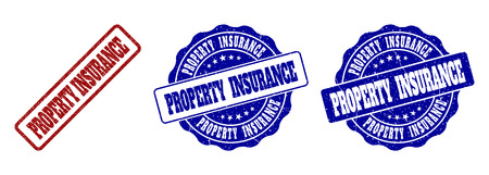 PROPERTY INSURANCE grunge stamp seals in red and blue colors. Vector PROPERTY INSURANCE signs with grunge effect. Graphic elements are rounded rectangles, rosettes, circles and text labels.のイラスト素材