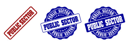 PUBLIC SECTOR scratched stamp seals in red and blue colors. Vector PUBLIC SECTOR labels with grainy surface. Graphic elements are rounded rectangles, rosettes, circles and text labels.のイラスト素材