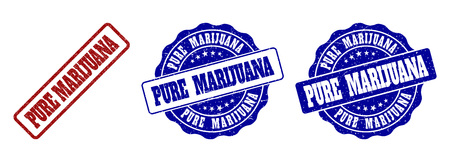 PURE MARIJUANA grunge stamp seals in red and blue colors. Vector PURE MARIJUANA watermarks with grunge effect. Graphic elements are rounded rectangles, rosettes, circles and text titles.のイラスト素材