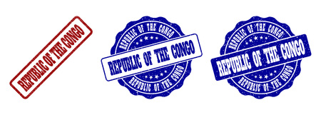 REPUBLIC OF THE CONGO scratched stamp seals in red and blue colors. Vector REPUBLIC OF THE CONGO labels with grunge surface. Graphic elements are rounded rectangles, rosettes, circles and text labels.のイラスト素材