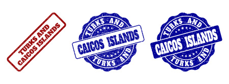 TURKS AND CAICOS ISLANDS grunge stamp seals in red and blue colors. Vector TURKS AND CAICOS ISLANDS labels with grainy surface. Graphic elements are rounded rectangles, rosettes,のイラスト素材