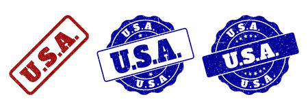 U.S.A. scratched stamp seals in red and blue colors. Vector U.S.A. marks with draft surface. Graphic elements are rounded rectangles, rosettes, circles and text titles.のイラスト素材