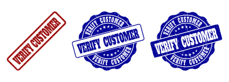 VERIFY CUSTOMER grunge stamp seals in red and blue colors. Vector VERIFY CUSTOMER labels with grunge effect. Graphic elements are rounded rectangles, rosettes, circles and text titles.のイラスト素材