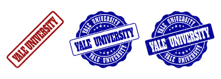 YALE UNIVERSITY grunge stamp seals in red and blue colors. Vector YALE UNIVERSITY signs with grainy texture. Graphic elements are rounded rectangles, rosettes, circles and text tags.のイラスト素材