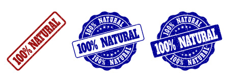 100% NATURAL grunge stamp seals in red and blue colors. Vector 100% NATURAL signs with grunge surface. Graphic elements are rounded rectangles, rosettes, circles and text titles.のイラスト素材