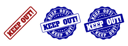 KEEP OUT! grunge stamp seals in red and blue colors. Vector KEEP OUT! imprints with scratced surface. Graphic elements are rounded rectangles, rosettes, circles and text tags.のイラスト素材