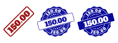150.00 grunge stamp seals in red and blue colors. Vector 150.00 overlays with grunge effect. Graphic elements are rounded rectangles, rosettes, circles and text labels.のイラスト素材