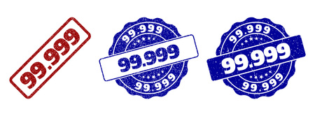 99.999 grunge stamp seals in red and blue colors. Vector 99.999 labels with draft texture. Graphic elements are rounded rectangles, rosettes, circles and text labels.のイラスト素材