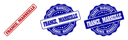 FRANCE, MARSEILLE scratched stamp seals in red and blue colors. Vector FRANCE, MARSEILLE labels with draft style. Graphic elements are rounded rectangles, rosettes, circles and text captions.のイラスト素材