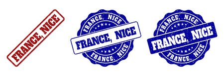 FRANCE, NICE scratched stamp seals in red and blue colors. Vector FRANCE, NICE labels with draft style. Graphic elements are rounded rectangles, rosettes, circles and text labels.のイラスト素材