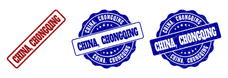 CHINA, CHONGQING grunge stamp seals in red and blue colors. Vector CHINA, CHONGQING marks with grunge effect. Graphic elements are rounded rectangles, rosettes, circles and text tags.のイラスト素材