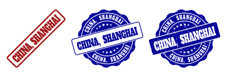 CHINA, SHANGHAI grunge stamp seals in red and blue colors. Vector CHINA, SHANGHAI imprints with grunge texture. Graphic elements are rounded rectangles, rosettes, circles and text tags.のイラスト素材