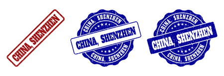 CHINA, SHENZHEN grunge stamp seals in red and blue colors. Vector CHINA, SHENZHEN watermarks with distress surface. Graphic elements are rounded rectangles, rosettes, circles and text captions.のイラスト素材