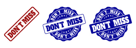 DON'T MISS grunge stamp seals in red and blue colors. Vector DON'T MISS watermarks with scratced effect. Graphic elements are rounded rectangles, rosettes, circles and text titles.のイラスト素材