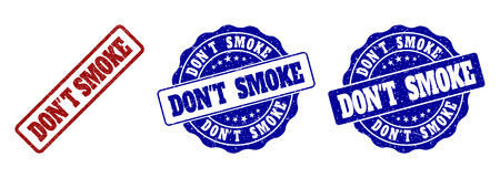 DON'T SMOKE grunge stamp seals in red and blue colors. Vector DON'T SMOKE signs with grunge surface. Graphic elements are rounded rectangles, rosettes, circles and text titles.のイラスト素材