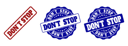 DON'T STOP grunge stamp seals in red and blue colors. Vector DON'T STOP imprints with grunge style. Graphic elements are rounded rectangles, rosettes, circles and text titles.のイラスト素材