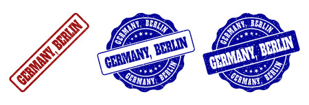 GERMANY, BERLIN grunge stamp seals in red and blue colors. Vector GERMANY, BERLIN overlays with distress surface. Graphic elements are rounded rectangles, rosettes, circles and text tags.のイラスト素材