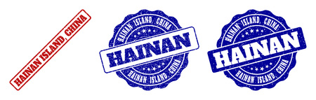 HAINAN ISLAND, CHINA grunge stamp seals in red and blue colors. Vector HAINAN ISLAND, CHINA signs with grunge effect. Graphic elements are rounded rectangles, rosettes, circles and text titles.のイラスト素材