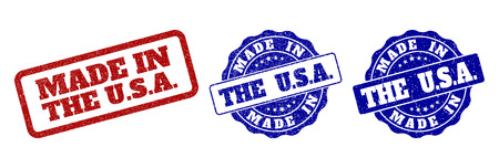 MADE IN THE U.S.A. grunge stamp seals in red and blue colors. Vector MADE IN THE U.S.A. marks with grunge surface. Graphic elements are rounded rectangles, rosettes, circles and text labels.のイラスト素材