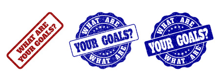 WHAT ARE YOUR GOALS? scratched stamp seals in red and blue colors. Vector WHAT ARE YOUR GOALS? labels with grainy surface. Graphic elements are rounded rectangles, rosettes, circles and text labels.のイラスト素材