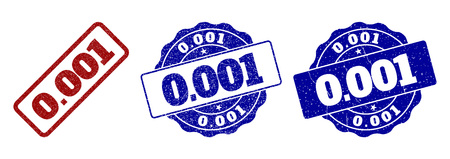 0.001 grunge stamp seals in red and blue colors. Vector 0.001 marks with draft surface. Graphic elements are rounded rectangles, rosettes, circles and text tags. Designed for rubber stamp imitations.のイラスト素材