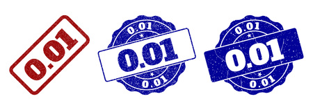 0.01 grunge stamp seals in red and blue colors. Vector 0.01 signs with grunge effect. Graphic elements are rounded rectangles, rosettes, circles and text titles. Designed for rubber stamp imitations.のイラスト素材