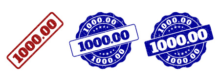 1000.00 grunge stamp seals in red and blue colors. Vector 1000.00 signs with grunge effect. Graphic elements are rounded rectangles, rosettes, circles and text captions.のイラスト素材