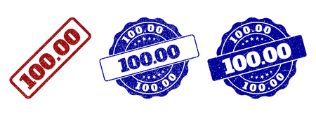 100.00 scratched stamp seals in red and blue colors. Vector 100.00 overlays with grainy surface. Graphic elements are rounded rectangles, rosettes, circles and text labels.のイラスト素材