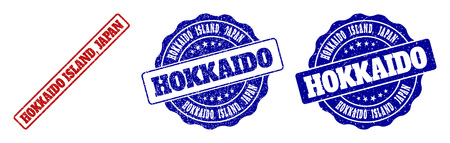 HOKKAIDO ISLAND, JAPAN scratched stamp seals in red and blue colors. Vector HOKKAIDO ISLAND, JAPAN labels with scratced style. Graphic elements are rounded rectangles, rosettes,のイラスト素材