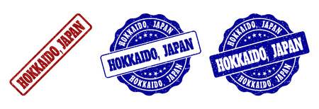 HOKKAIDO, JAPAN grunge stamp seals in red and blue colors. Vector HOKKAIDO, JAPAN labels with grunge effect. Graphic elements are rounded rectangles, rosettes, circles and text captions.のイラスト素材