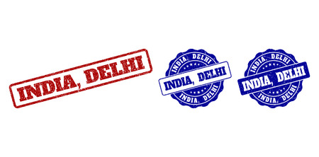 INDIA, DELHI scratched stamp seals in red and blue colors. Vector INDIA, DELHI signs with dirty surface. Graphic elements are rounded rectangles, rosettes, circles and text titles.のイラスト素材