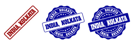 INDIA, KOLKATA grunge stamp seals in red and blue colors. Vector INDIA, KOLKATA labels with distress texture. Graphic elements are rounded rectangles, rosettes, circles and text labels.のイラスト素材