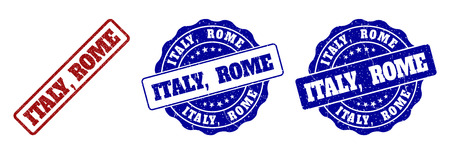 ITALY, ROME grunge stamp seals in red and blue colors. Vector ITALY, ROME marks with grunge style. Graphic elements are rounded rectangles, rosettes, circles and text tags.のイラスト素材
