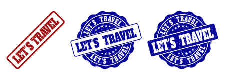 LET'S TRAVEL grunge stamp seals in red and blue colors. Vector LET'S TRAVEL imprints with grunge texture. Graphic elements are rounded rectangles, rosettes, circles and text labels.のイラスト素材