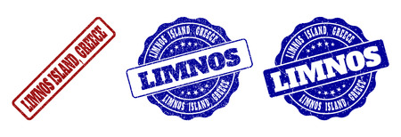 LIMNOS ISLAND, GREECE grunge stamp seals in red and blue colors. Vector LIMNOS ISLAND, GREECE labels with grunge effect. Graphic elements are rounded rectangles, rosettes, circles and text tags.のイラスト素材