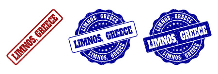 LIMNOS, GREECE grunge stamp seals in red and blue colors. Vector LIMNOS, GREECE labels with grunge surface. Graphic elements are rounded rectangles, rosettes, circles and text tags.のイラスト素材