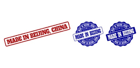 MADE IN BEIJING, CHINA grunge stamp seals in red and blue colors. Vector MADE IN BEIJING, CHINA labels with grunge effect. Graphic elements are rounded rectangles, rosettes, circles and text titles.のイラスト素材