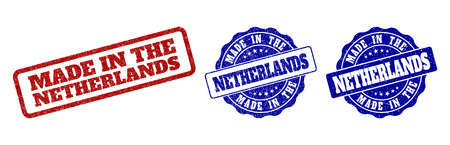 MADE IN THE NETHERLANDS grunge stamp seals in red and blue colors. Vector MADE IN THE NETHERLANDS watermarks with grunge surface. Graphic elements are rounded rectangles, rosettes,のイラスト素材