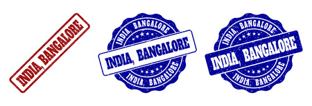 INDIA, BANGALORE scratched stamp seals in red and blue colors. Vector INDIA, BANGALORE labels with distress surface. Graphic elements are rounded rectangles, rosettes, circles and text labels.のイラスト素材