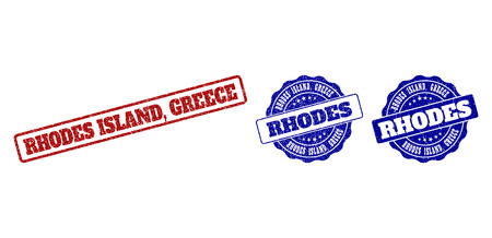 RHODES ISLAND, GREECE grunge stamp seals in red and blue colors. Vector RHODES ISLAND, GREECE signs with grunge effect. Graphic elements are rounded rectangles, rosettes, circles and text tags.のイラスト素材