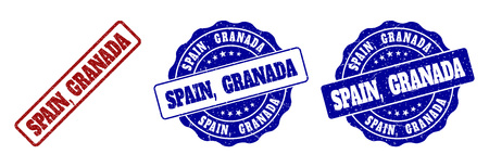 SPAIN, GRANADA grunge stamp seals in red and blue colors. Vector SPAIN, GRANADA watermarks with grunge texture. Graphic elements are rounded rectangles, rosettes, circles and text captions.のイラスト素材