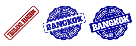 THAILAND, BANGKOK scratched stamp seals in red and blue colors. Vector THAILAND, BANGKOK labels with grunge surface. Graphic elements are rounded rectangles, rosettes, circles and text labels.のイラスト素材