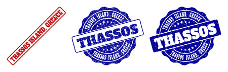THASSOS ISLAND, GREECE grunge stamp seals in red and blue colors. Vector THASSOS ISLAND, GREECE signs with grunge effect. Graphic elements are rounded rectangles, rosettes, circles and text captions.のイラスト素材